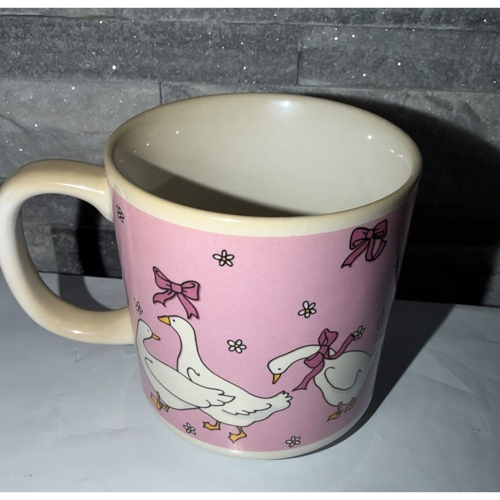 Vintage Pink Goose Coffee Mug Country Kitchen Cottagecore Bow Daisy Ceramic Cup